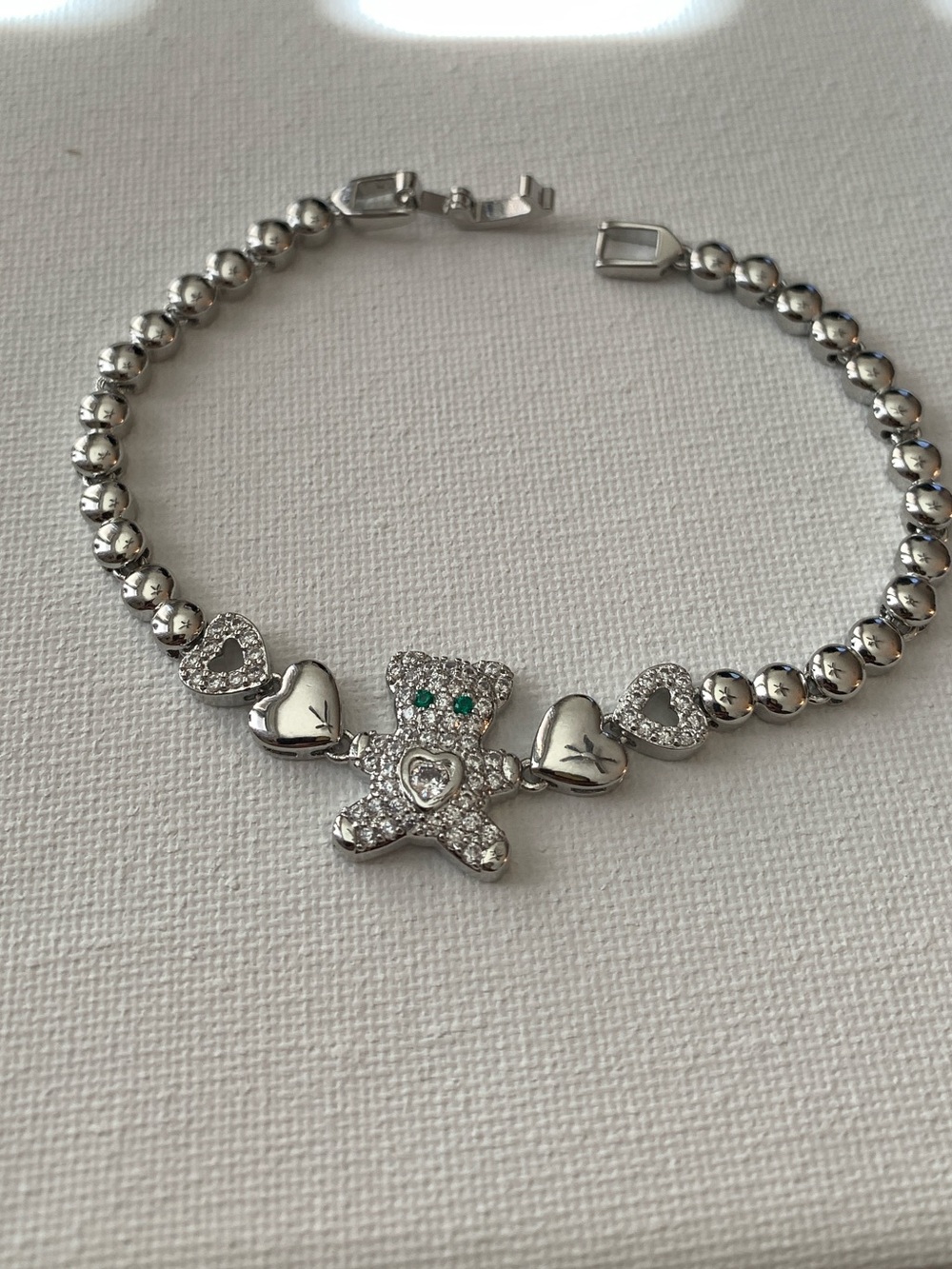 Silver Teddy Bear Heart Bead Bracelet